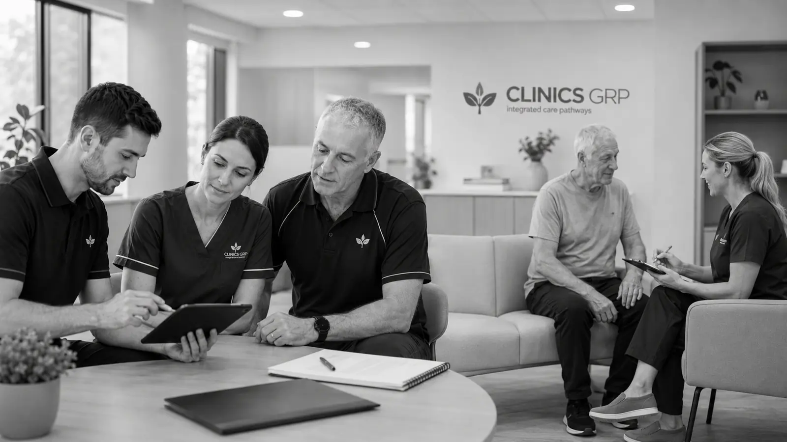 Clinics GRP clinicians reviewing care plans while another clinician speaks with an older adult.