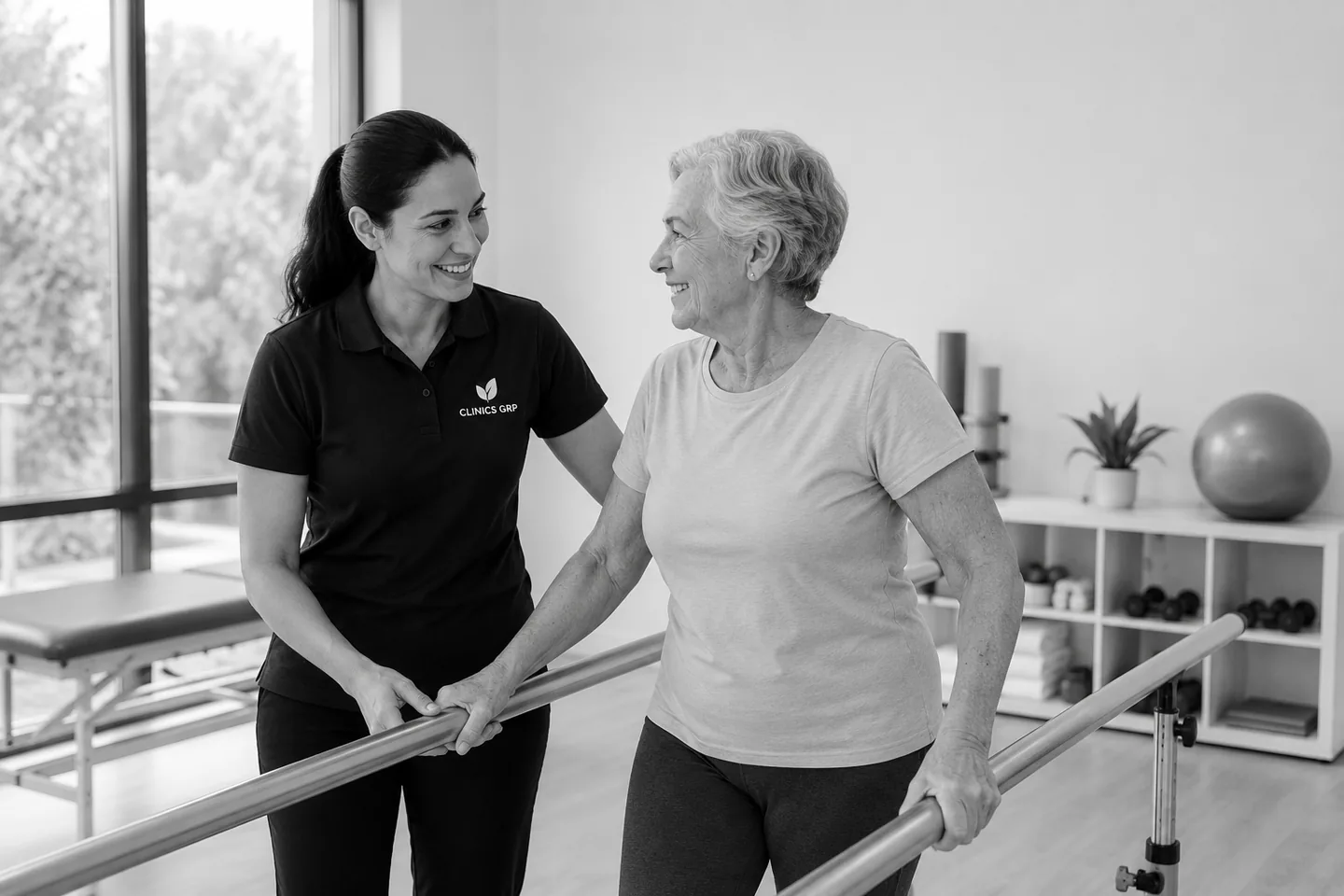 A Clinics GRP clinician supporting an older adult during supervised rehabilitation practice.