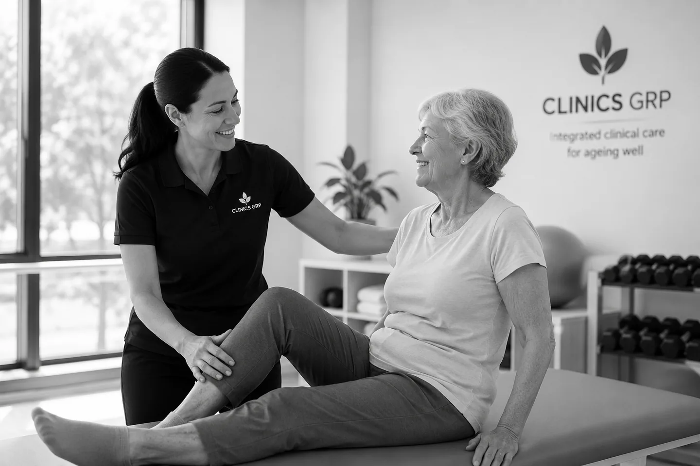 An experienced Clinics GRP physiotherapist supporting an older adult during treatment.