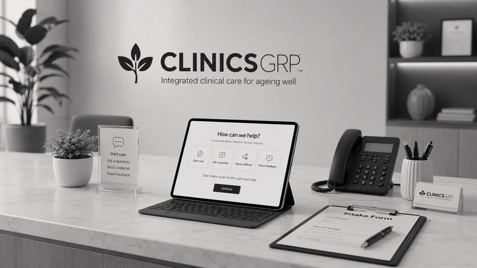 Clinics GRP contact intake desk with digital enquiry options and telephone support.