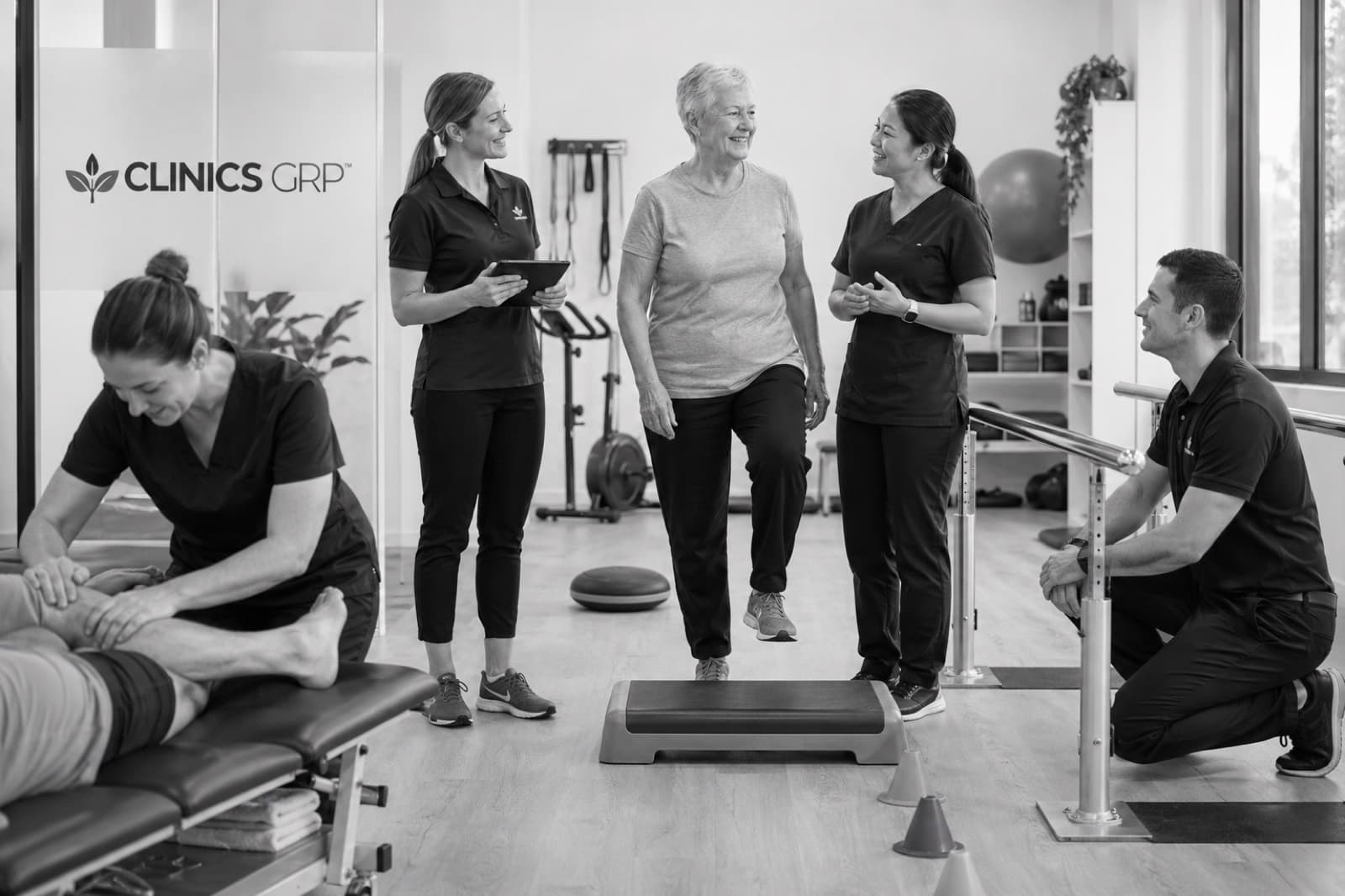 Clinics GRP team supporting an older adult with physiotherapy and rehabilitation.