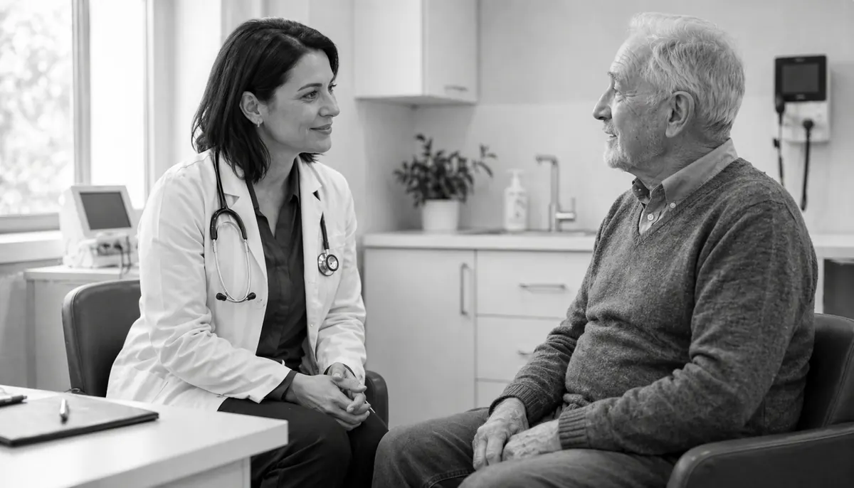 A GP consulting with an older adult in a clinic setting.