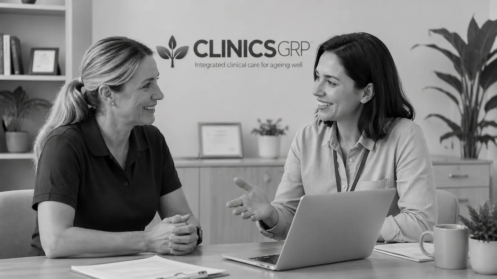Home care provider and Clinics GRP coordinator discussing a client referral.