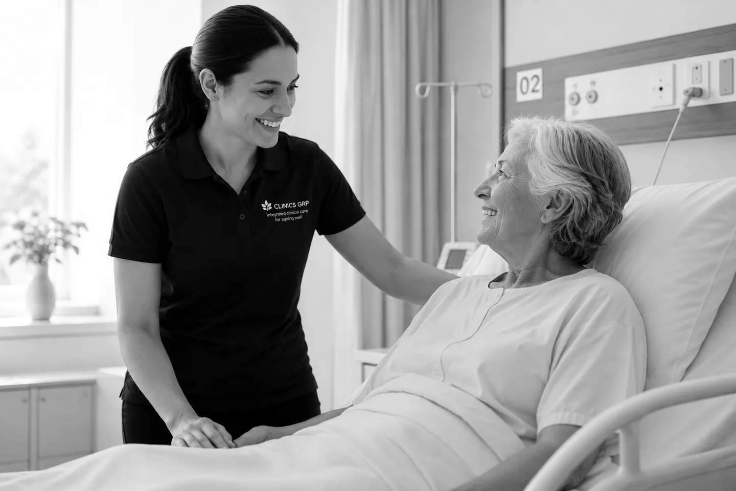 A Clinics GRP clinician supporting an older patient during a hospital discharge transition.