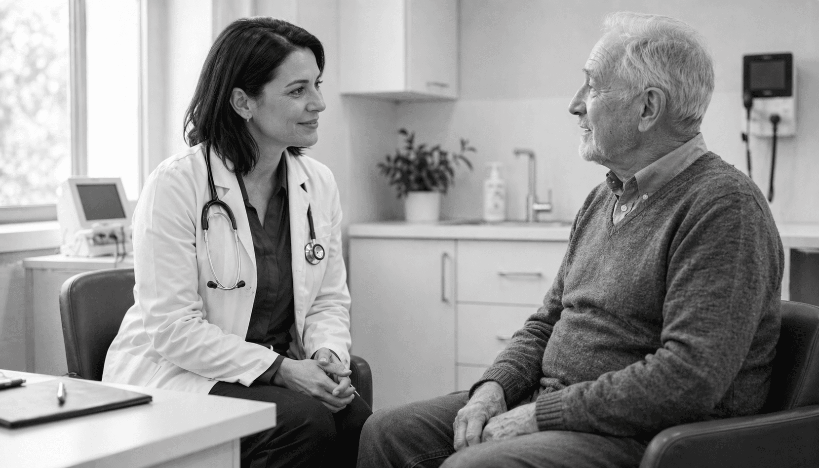 A GP consulting with an older adult in a clinic setting.