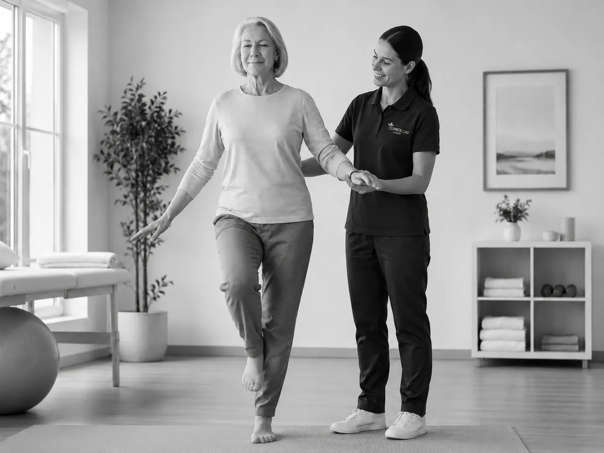 Clinics GRP clinician guiding an older adult through supported single-leg balance training.