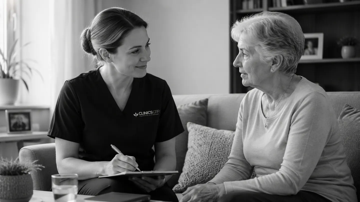 Clinics GRP nurse completing a nursing assessment and care review with an older adult.