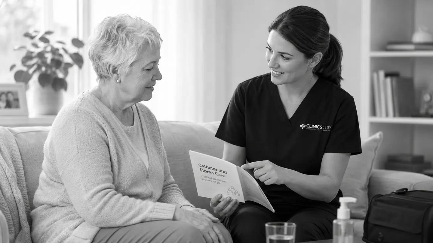 Clinics GRP nurse explaining catheter and stoma care to an older adult at home.
