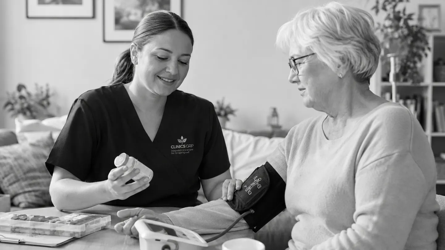 Clinics GRP nurse supporting medication management and clinical monitoring at home.