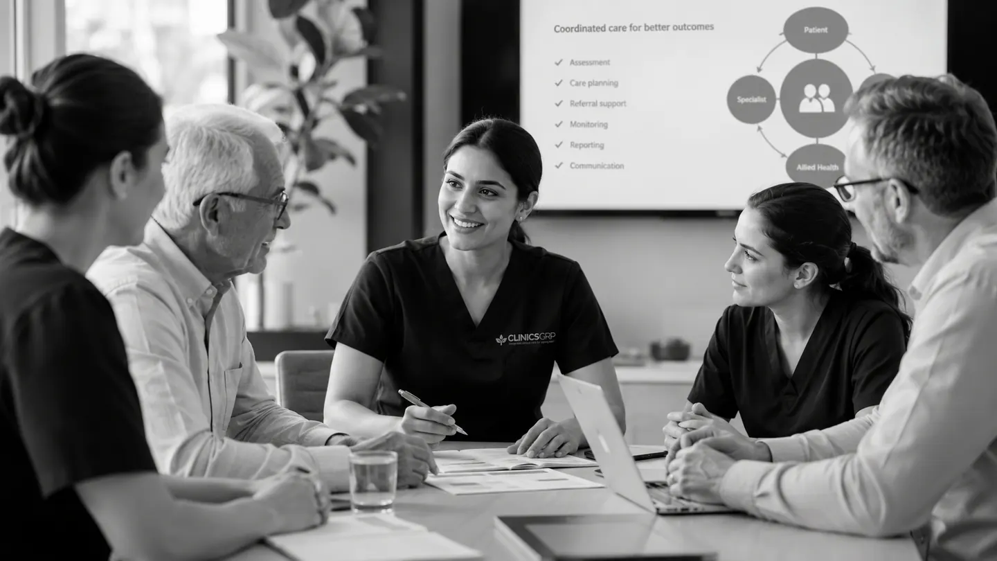 Clinics GRP nurses coordinating an older adult's care with family and care-team members.