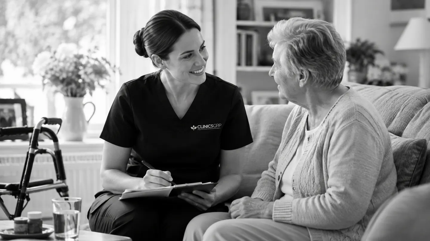 Clinics GRP nurse reviewing an older adult's recovery needs during a home visit.