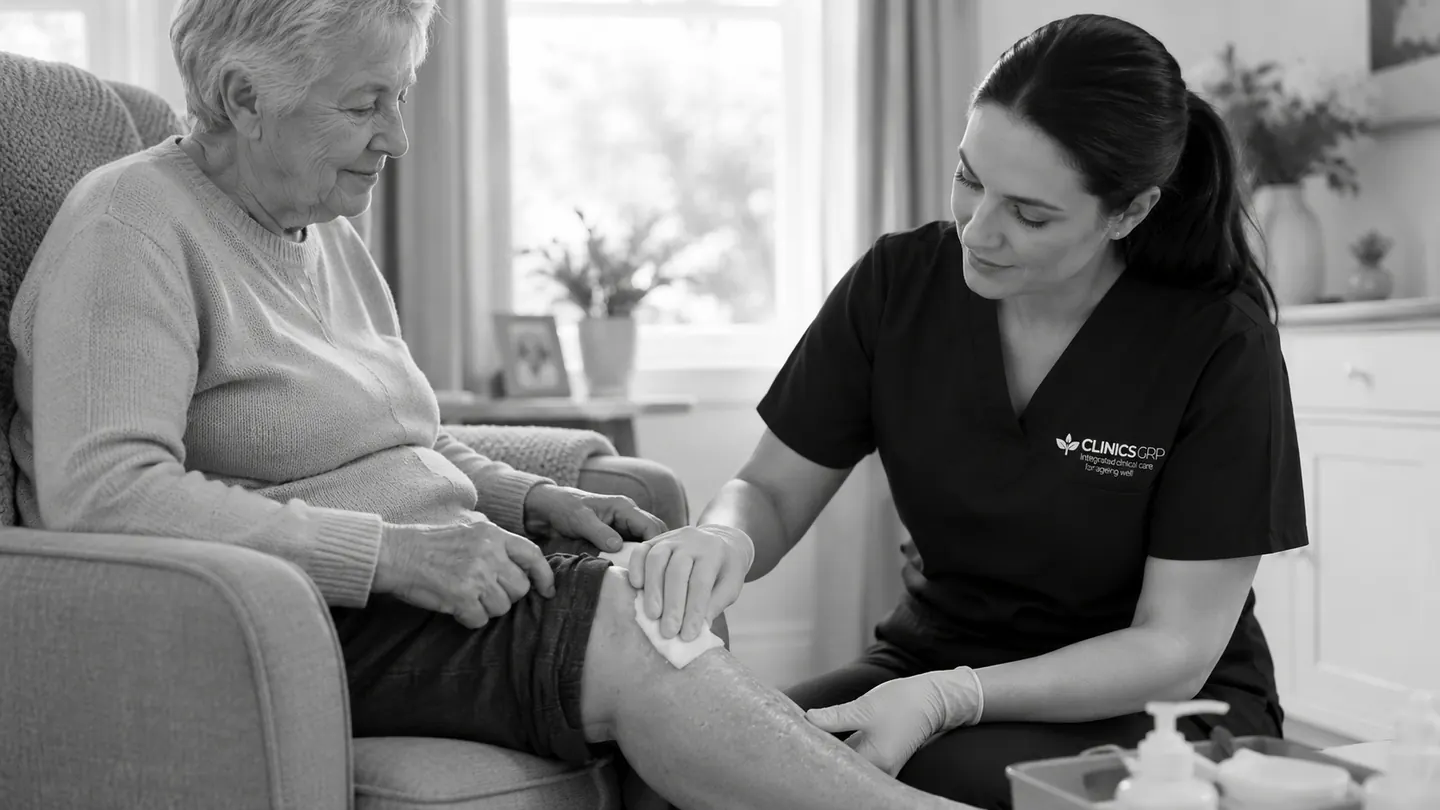 Clinics GRP nurse providing wound and skin care for an older adult at home.