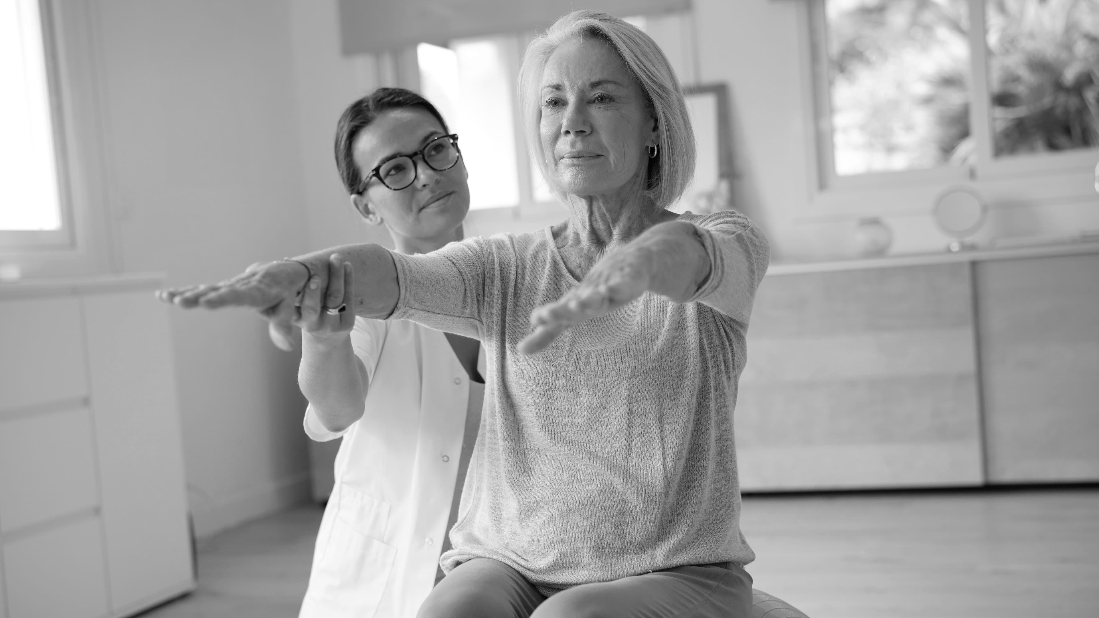 Clinician-guided balance and vestibular rehabilitation session.