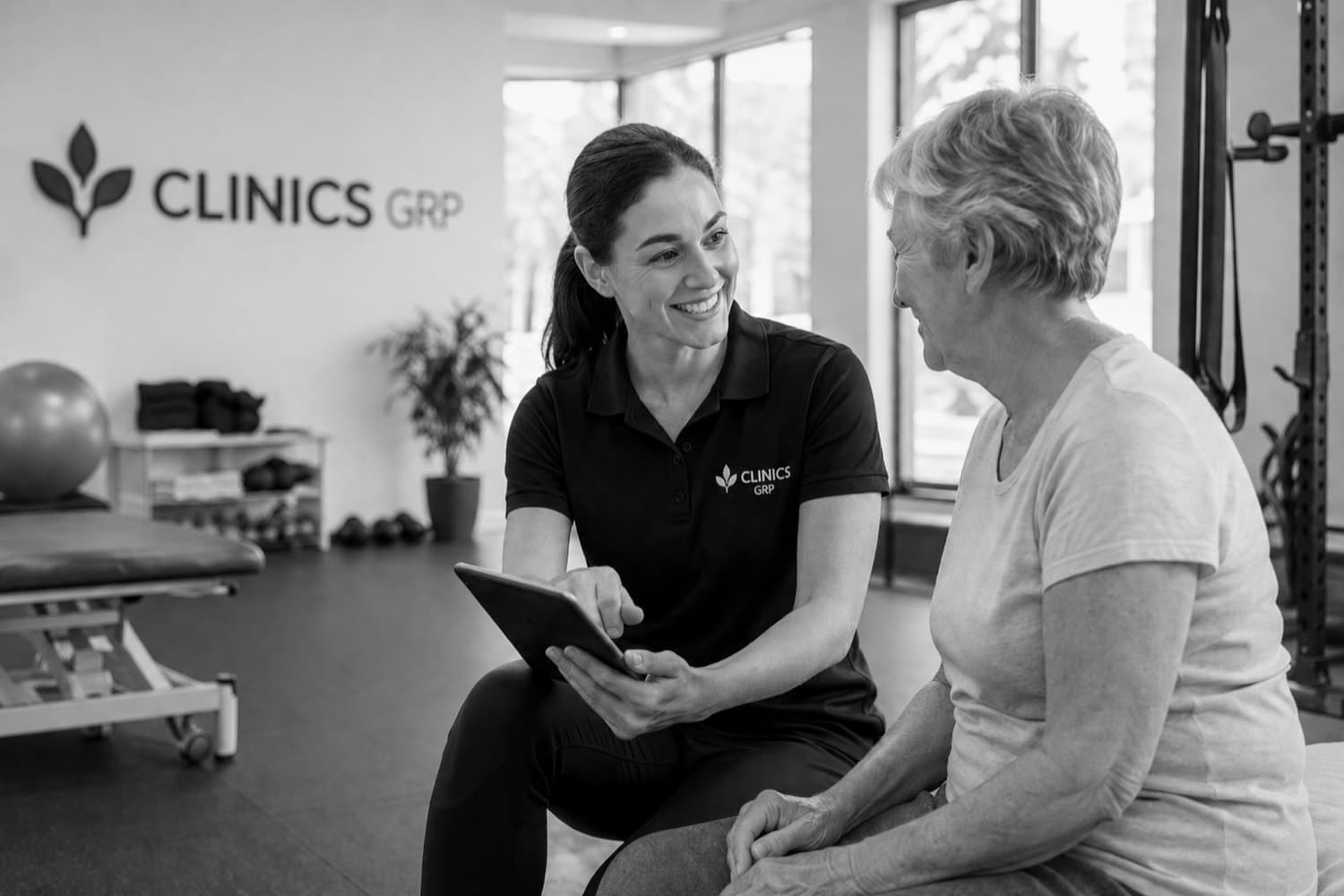 Clinics GRP clinician discussing care options with an older adult and family member.