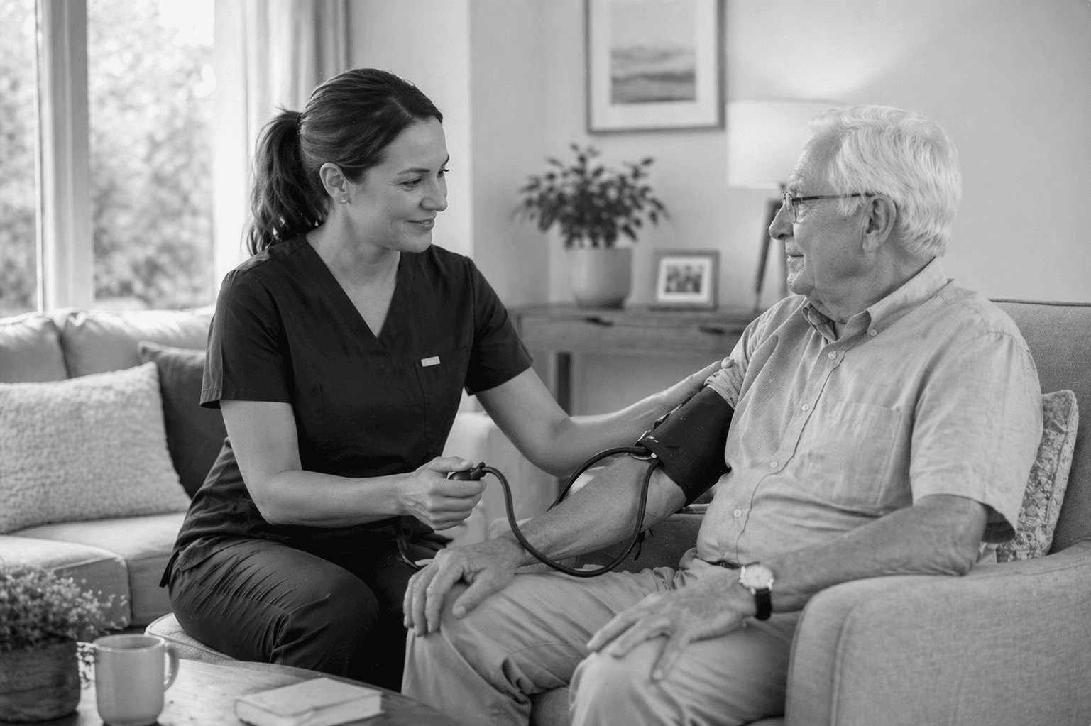 Nurse supporting an older adult during a home nursing visit.