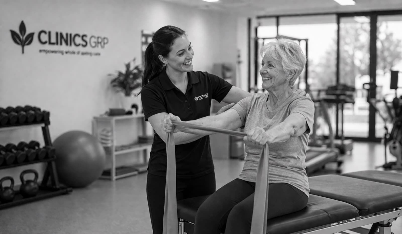 Clinics GRP physiotherapist guiding an older adult through band exercise in clinic.