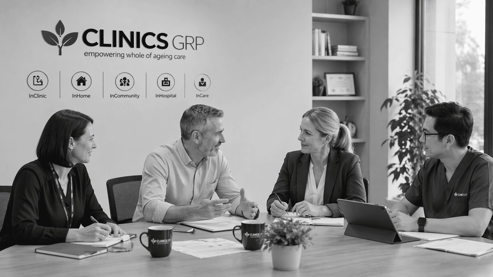 Clinics GRP leadership and clinical team meeting in a governance setting.